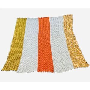 Vintage 1970s Cable Knit Handmade Afghan Throw Blanket Orange Cream Gold 67"x68"